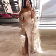 Robe de soiree One Shoulder Mermaid Prom Gowns Sexy Side Split Evening Party Dresses Lace Appliques Arabic Formal Dress