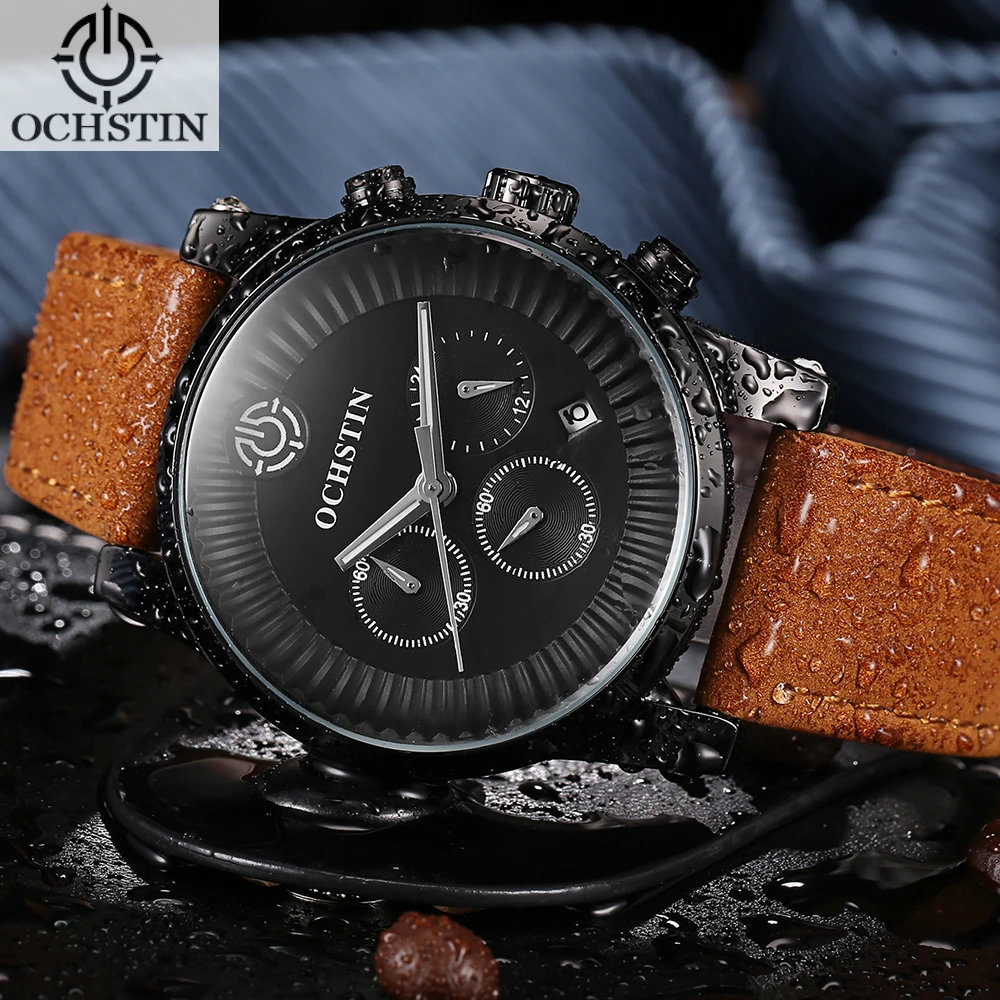 

OCHSTIN Genuine Leather Luminous Men Quartz Watches Analog 30M Water Proof Man Casual Wristwatch + Box