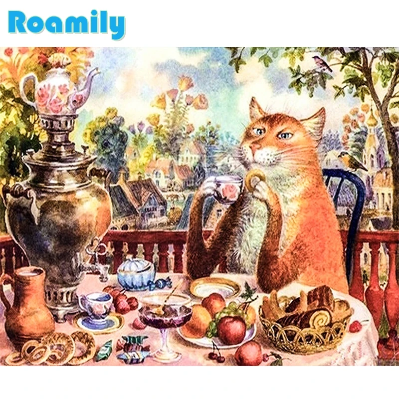 

5D Diy Diamond Painting,Elegant Cat Have A Dinner,Embroidered with Rhinestone,Square Daimond Painting,On Canva,Diamant Paintings