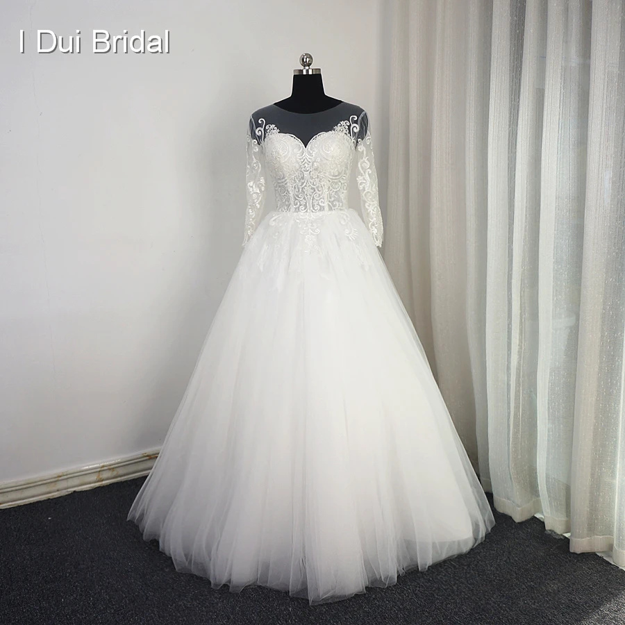 Three Quarter Sleeve Lace Appliqued Wedding Dresses Illusion Neckline