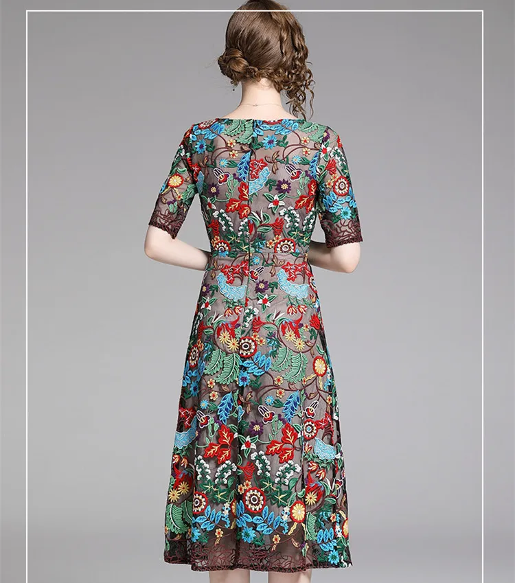 Летние дизайнерские сетчатые кружевные платья, женские винтажные платья с коротким рукавом и цветочной вышивкой, эксклюзивные вечерние платья миди