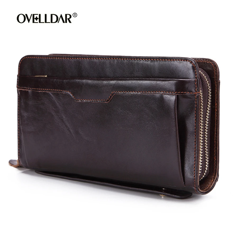

Famous Brand Men Clutch Wallets Male Long Genuine Leather Double Zippers Leather Purse Wallet Cell Phone Cash Card Holder Clutch