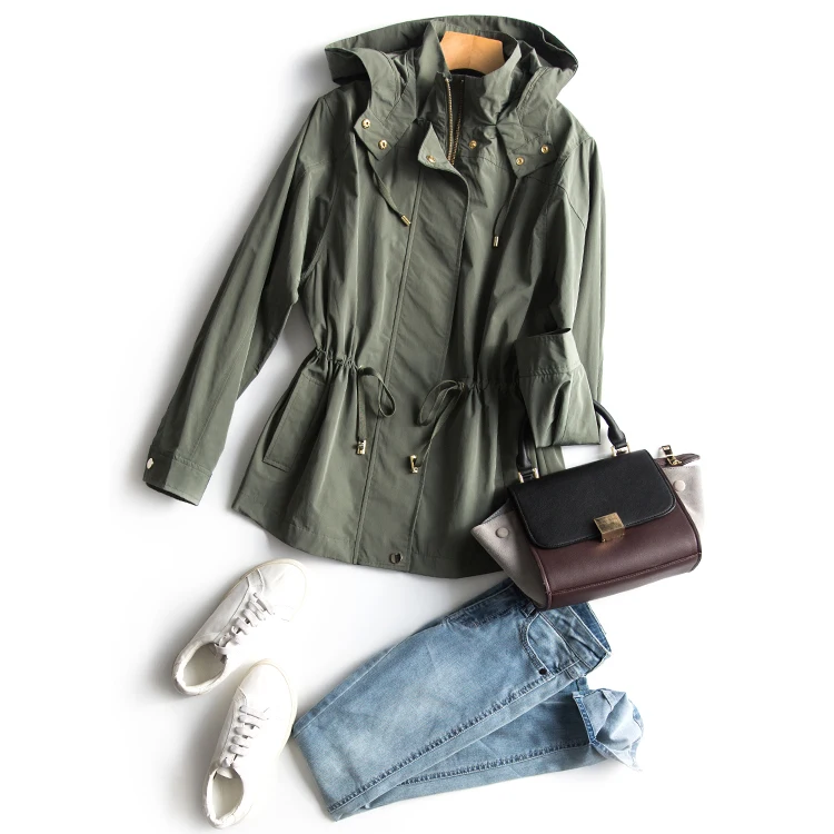 2017 early autumn army green hooded trench coat womenhooded trench coat womenhooded trench