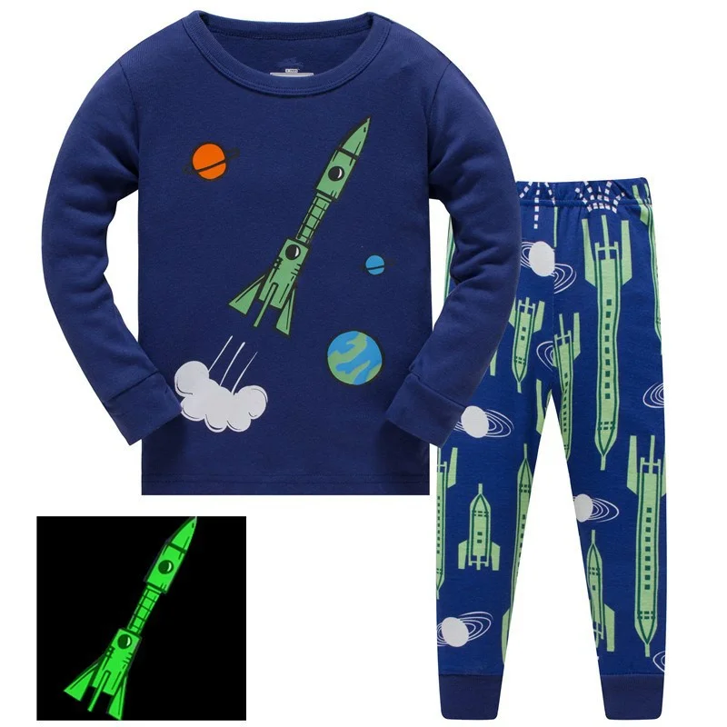 

1SET 8R-173, Noctilucent Rocket, Children boys pajamas sets, long sleeve sleepwear suit for 3-8Y, 100% cotton