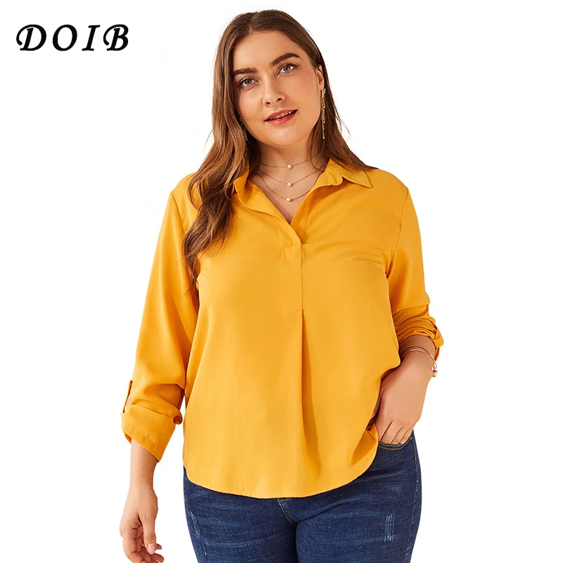 

DOIB Plus Size Shirt Casual Solid Long Sleeve Chiffon Collar Blouse Office Lady Shirt XL 2XL 3XL 4XL