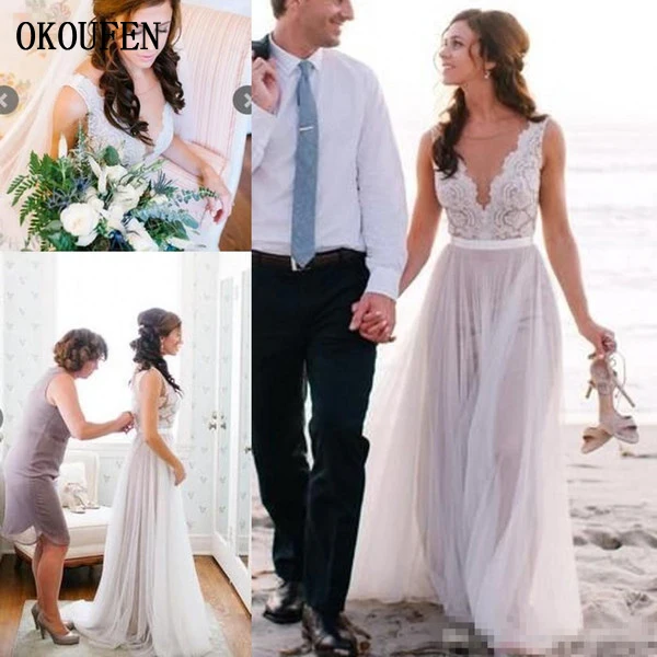 New Arrival 2017 Summer Beach A Line Wedding Dresses Illusion Bodice Lace V Neck Covered Buttons Back Modern Boho Bridal Wedding Gowns 副本
