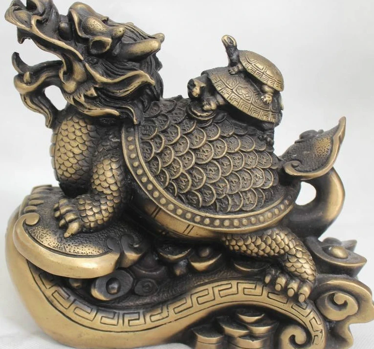 

8"Chinese Home Fengshui Bronze Wealth Dragon Tortoise Turtle & Baby Statue