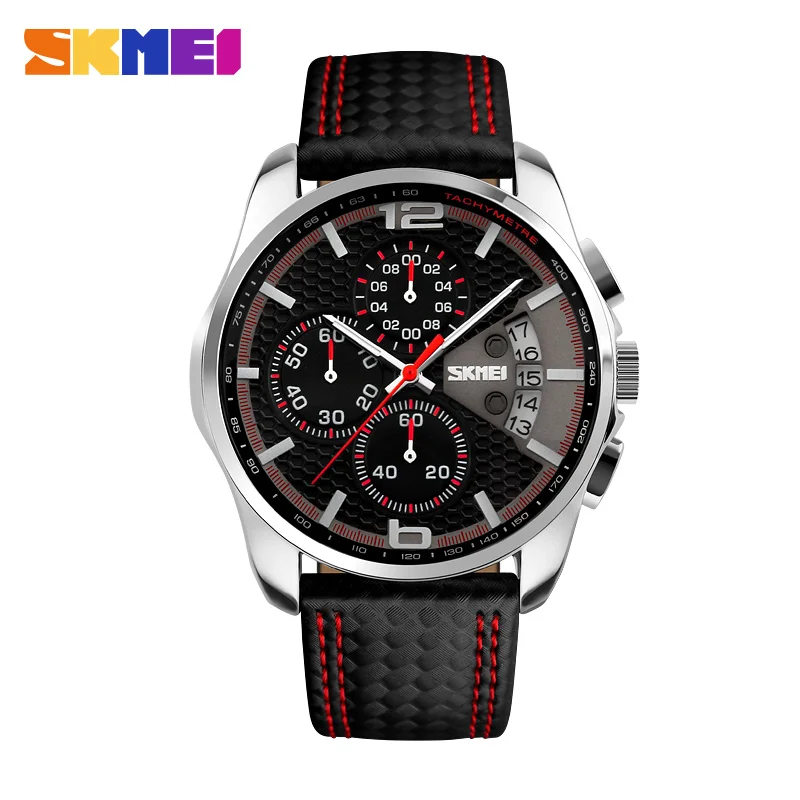 SKMEI Men Chronograph Watch Men Sport Watch Leather Strap Quartz Watch 5ATM Waterproof Date Men s