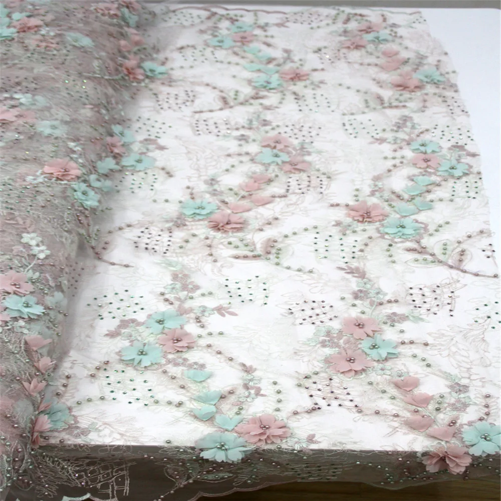 

3D Lace Fabric 2018 High Quality Lace, Powder Green African Lace Fabric, Handmade Lace With Pearls H486-1
