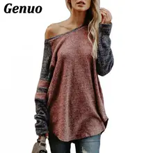 Genuo Women Striped Patchwork T-Shirt Color Block Long Sleeve Sexy Slash Neck Tee Tops Casaul Loose Knitwear Pullover Plus Size color block geometry patchwork plus size knitwear