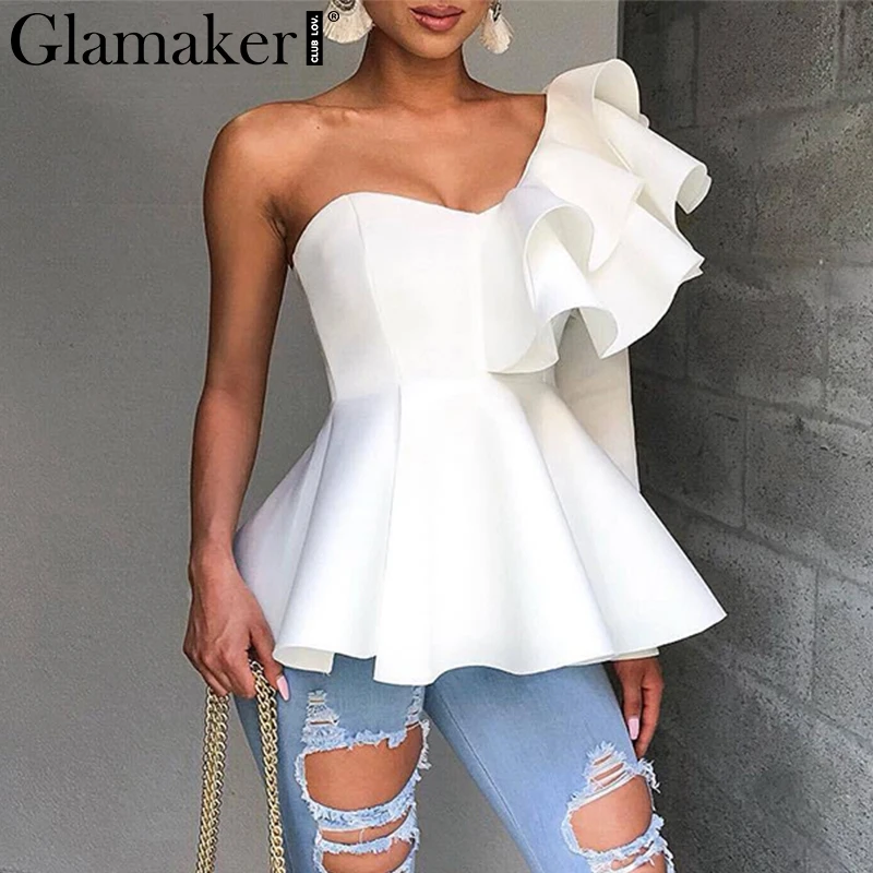 

Glamaker Ruffles one shoulder sexy blouse shirt Women white long sleeve bodycon blouse Female peplum high waist party shirt top
