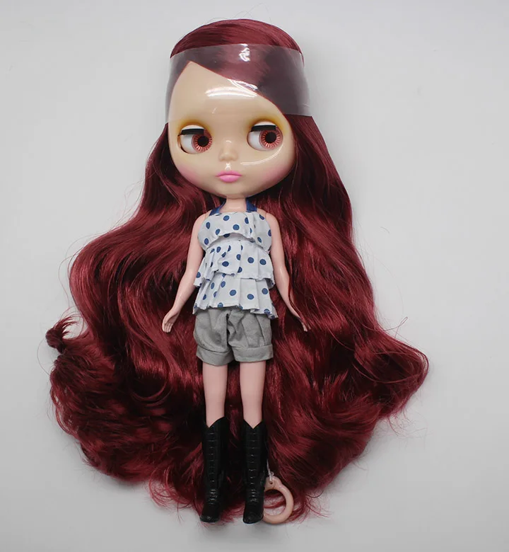 

Blyth Nude Doll Red Wine Long Wavy Hair Side with normal body Suitable DIY makeup fashion doll toys