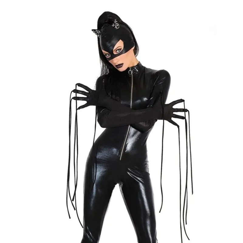 

New Hot Halloween Fancy Anime Catwoman Costume Pvc Leather Jumpsiut Adult Black Sexy Cat Gothic Cosplay Costumes For Women