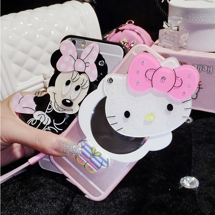 

For Samsung Galaxy S8 Plus S6 S7 edge S9 S9 plus Phone Case Lovely Hello Kitty Mickey Mouse With Mirror PC + TPU Back Cover