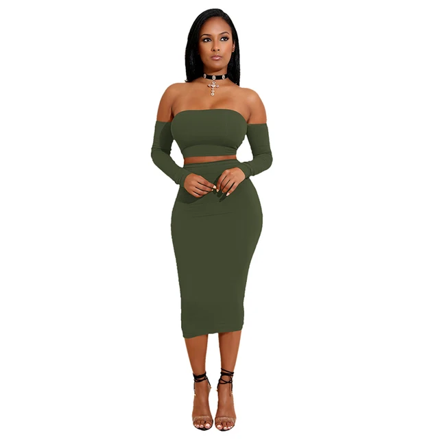 Sexy 2 Piece Sets Slash Neck Lace Up Off Shoulder Short Backless Long Sleeve Bandage Top And Skinny Pencil Skirt Women’s Sets