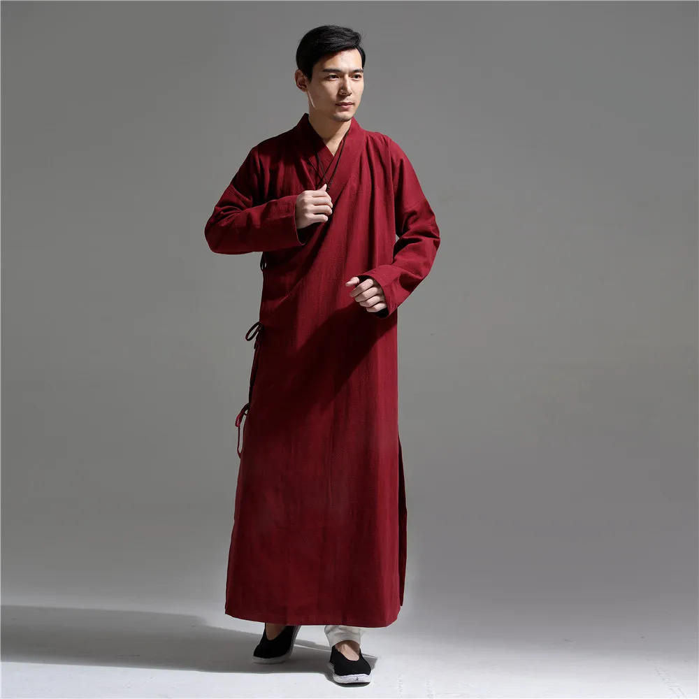 ; сезон весна-осень; Для мужчин халат китайский стиль льняные свободные и удобный однотонный длинный рукав длинный халат D177