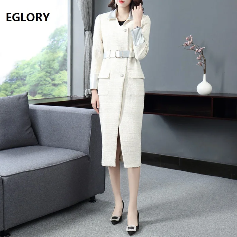

High Quality Brand Wool Long Coat 2018 Winter Wool Blend Outerwear Coat Women Single Bbreasted Silver Belt Patchwork Woolen Coat