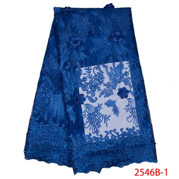 

2019 New Arrival French 3D flower High Quality Net Lace Fabric Embroidered African Tulle Mesh with Beads for Dresses KS2546B-1