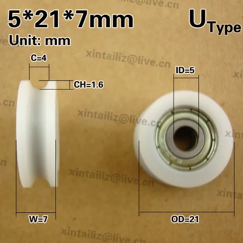 

Free Shipping 10pcs 5*21*7 nylon u groove wheel sliding door window roller single bearing wheel BALL BEARING GROOVE WHEEL