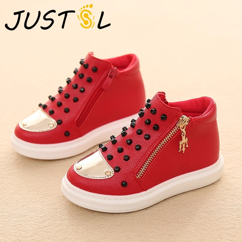

safty quality black casual flat heels shoes for kids 2017 fall hot sale children fashion shoes girls boys high-top rivet boots