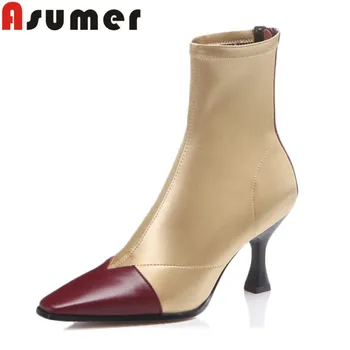 

ASUMER NEW 2020 popular mixed colors ankle boots for women pointed toe fashion winter boots strange heels genuine leather boots