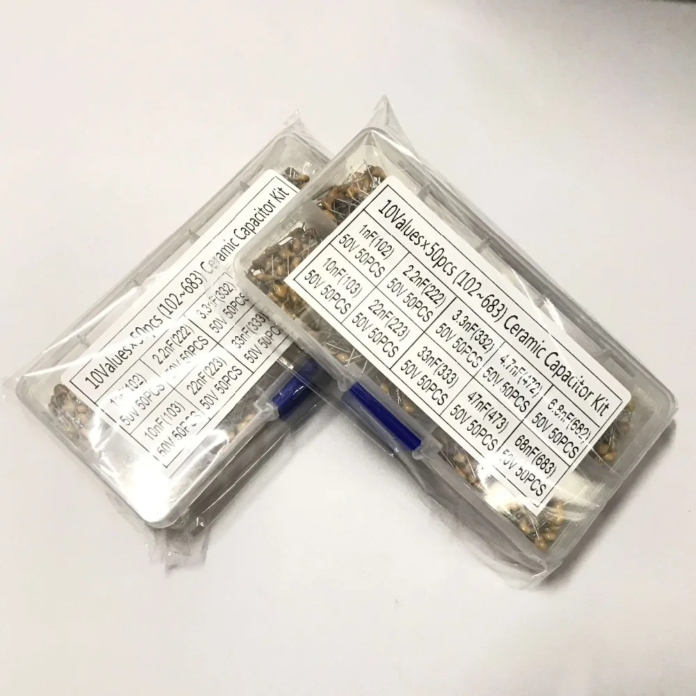 

10 Values 500pcs 1nF(102)~68nF(683) 10nF(103) 22nF(223) 33nF(333) 47nF(473) Multilayer Monolithic Ceramic Capacitor Kit Set