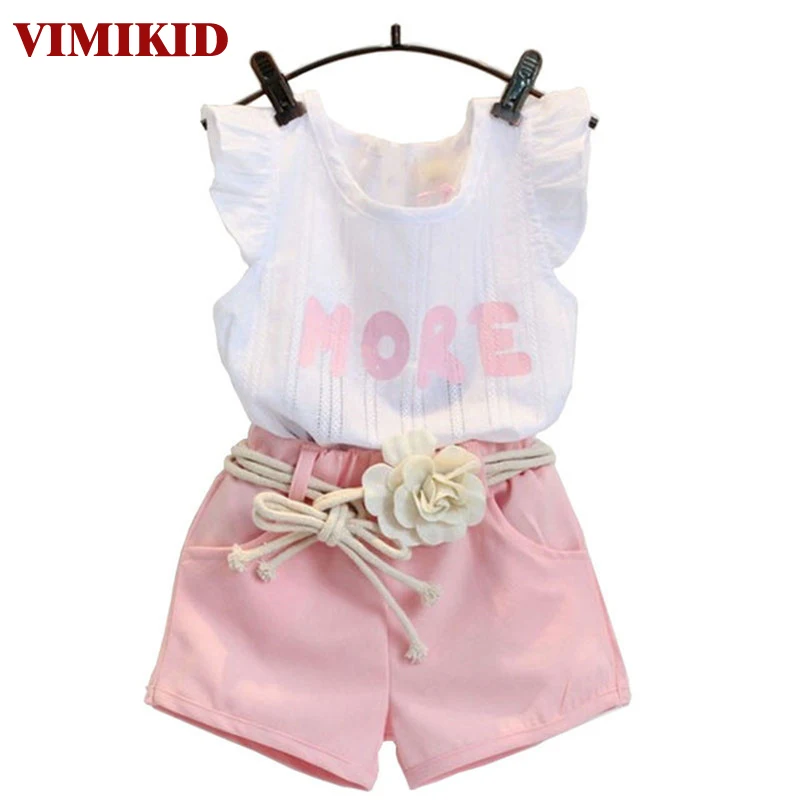 

Fashion pink clothes set for girl clothing set suit with flower belt children clothes retail kids baby clothes set k1