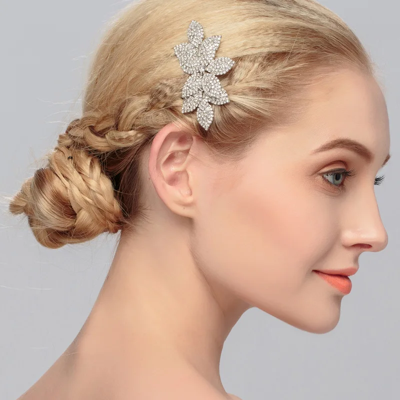 SLBRIDAL Art Deco серебряные прозрачные хрустальные стразы в форме листа свадебные расческа для волос Свадебные аксессуары для волос ювелирные изделия для женщин ювелирные изделия