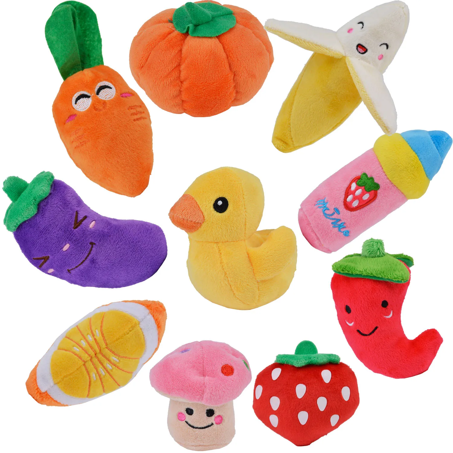 10Pcs Pet Squeaky Toys Vegetable Fruits Cartoon Sound Chew Plush Toy