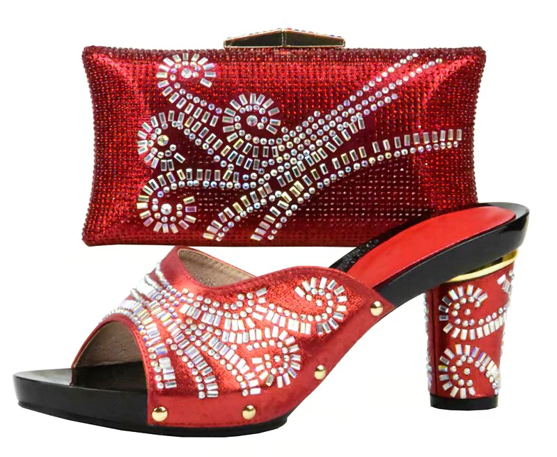 

Red color with many stones high heel 4 inches shoes and bag matching set to lady afrian shoes and bag to match slippers SB8188-5