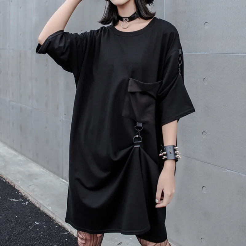 

LANMREM 2019 Summer New Casual Fashion Temperament Women Loose Solid Color Pocket Round Neck Short Sleeve Dress TC683