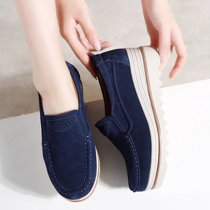 2018 Cuir forme Plate Glissement Femmes Creepers Qiyhong Sneakers gris Chaussures noir Talons bleu Beige Daim En Automne Casual Appartements Mocassins Sur 4zqdw