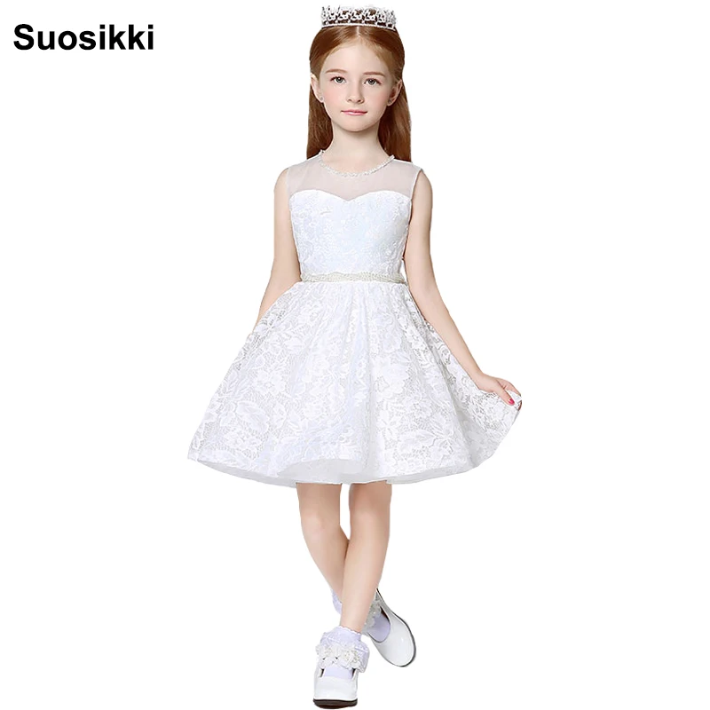 

Flower Girl Dresses With Bow Beaded Crystal Applique Ball Gown First Communion Dress for Girls Vestidos