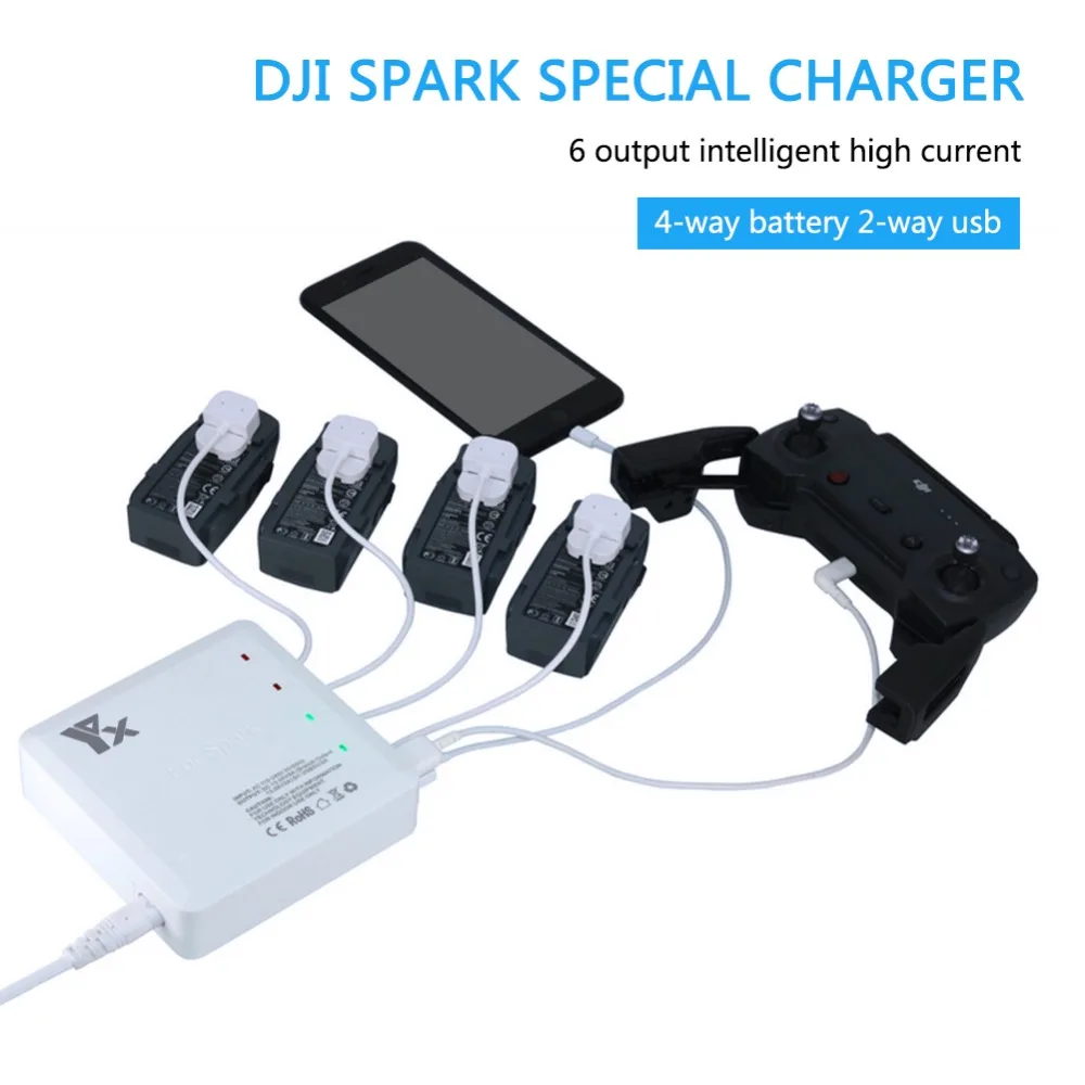 

DJI Spark Intelligent Battery Fast Charger Remote Controller for DJI Spark battery 6 output Charger with 2 USB Ports 4 Adapters