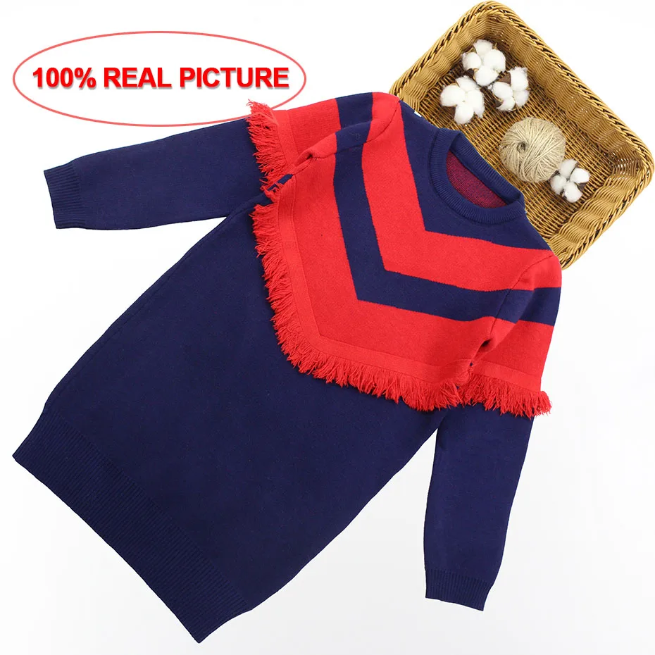 Платье для девочек, Осенние вечерние платья-свитера детское платье в полоску для девочек зимняя вязаная одежда для девочек 6, 8, 10, 12, 13, 14 лет - Цвет: Красный