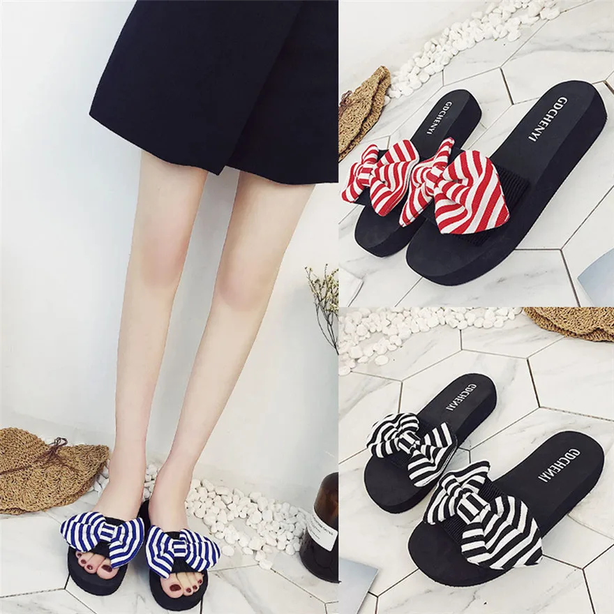 

Sagace Sandals 2018 Fashion Women Summer bowknot pure color flat heel flip-flops beach shoes cool slippers JU 05