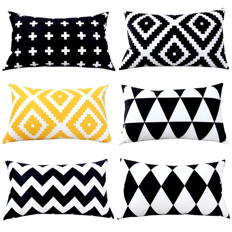 

black white grid geometry hold pillow sofa cushion cojines 30x50cm office waist pillow pillows Nordic Cushion Cover