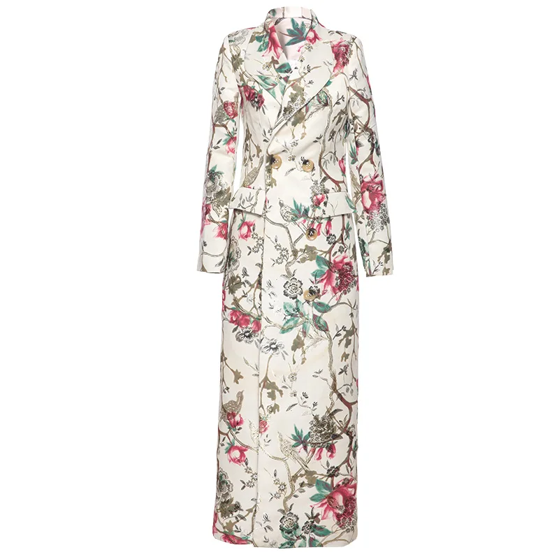 

XXXL Long Coat 2019 Spring Fashion Windbreaker Women Vintage Floral Jacquard Print Double Breasted Coat Overcoat Female Outwear