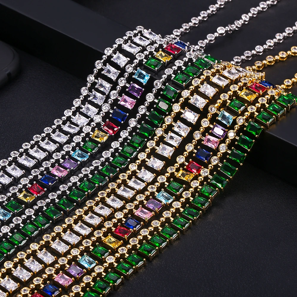 

Accking AAA cubic zirconia Baguette pulling chain necklace for Women adjustable length trendy geometric necklaces