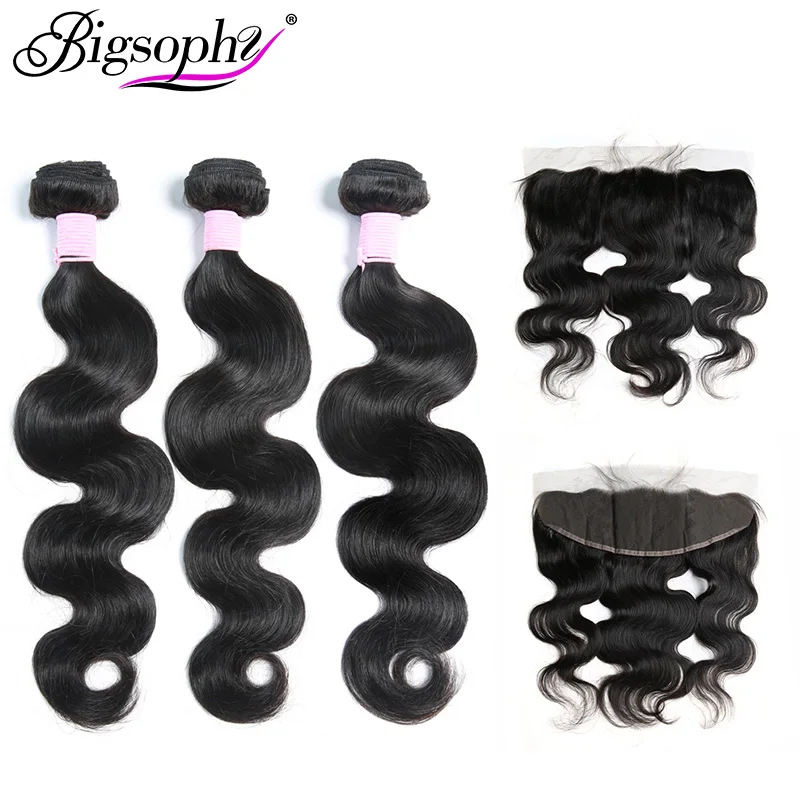 Bigsophy Body Wave Hair Brazilian Weave Hair Bundles 3Bundles Hair With 13*4 Lace Frontal Closure 100% Remy Human Hair Extension