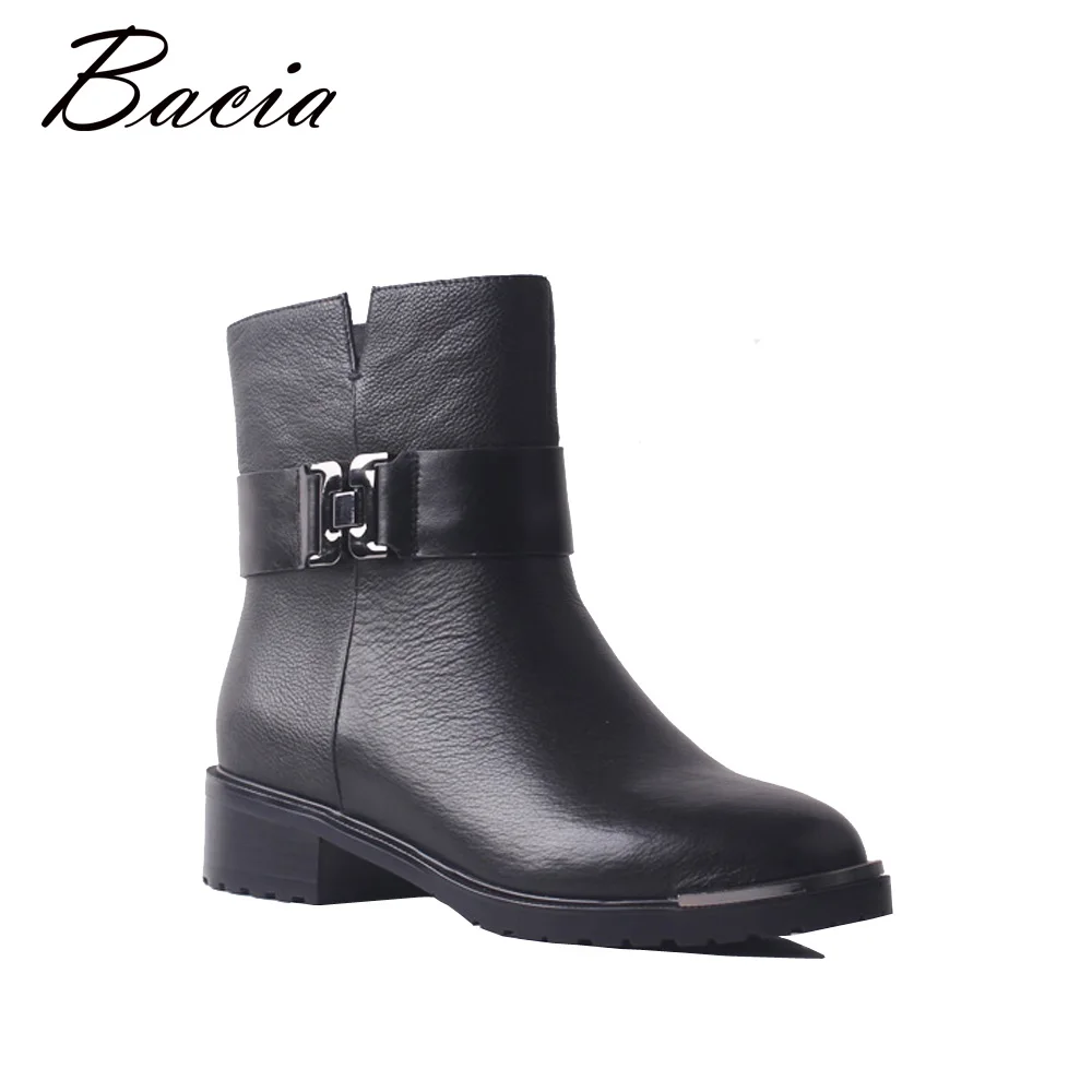 Здесь продается  Bacia Cow Genuine Leather Short Plush Boots With 1cm Platform Black Warm Winter Fashion Lace Cross-Tied Mid-Calf Shoes SB080  Обувь