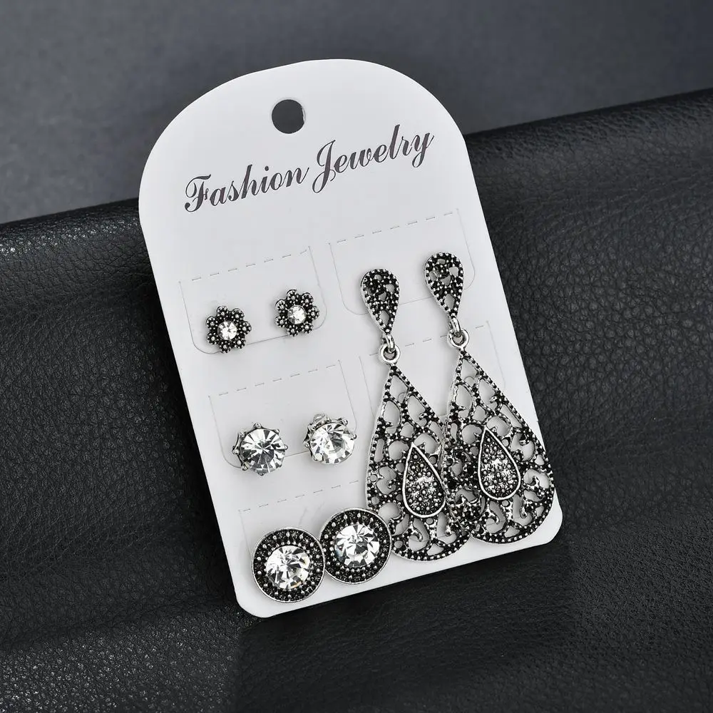Четыре пары серьги кристалл богемный Bling ювелирные изделия Ретро Серебряный Цвет