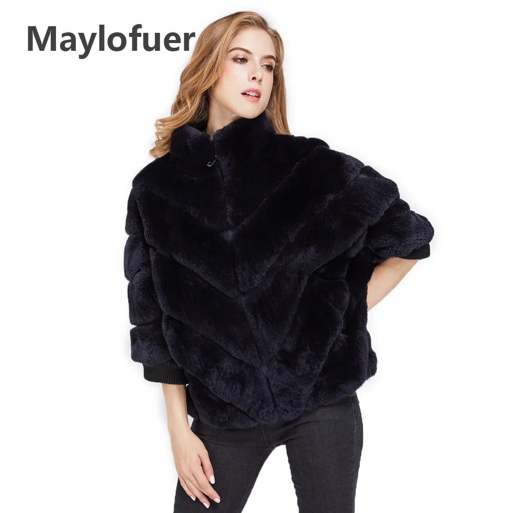 

Maylofuer Real Rex Rabbit Fur Coat Full Pelt Rabbtit Coats Women Striped Fur Jacket with Bat Sleeves Female Ladies Overcoat