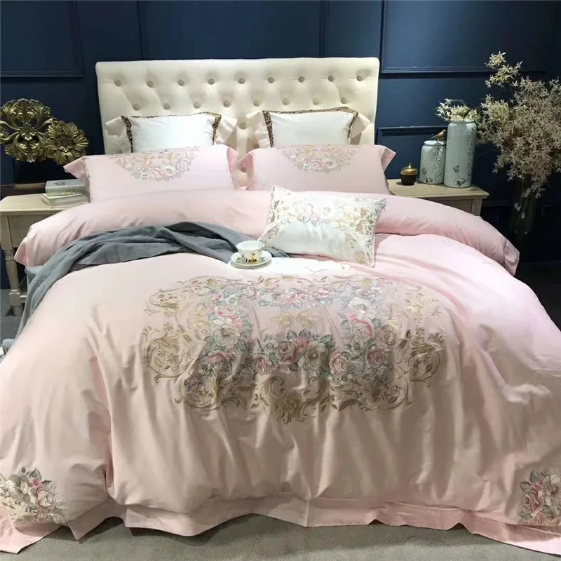 cheap Pink Light blue luxury Royal Embroidery 80S Egyptian Cotton Bedding Set Duvet Cover Bed sheet Pillowcases Queen King Size 4 7pcs