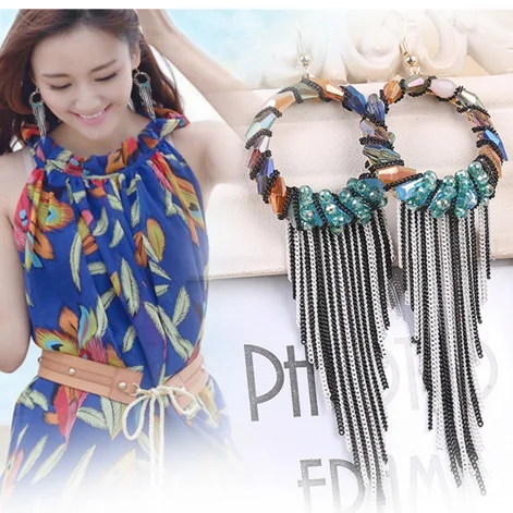

Bohemian Big Circle Earrings For Women Statement Handmade Tassel Long Drop Earrings Zircon Crystal 925 Silver Ear Hook Earrings