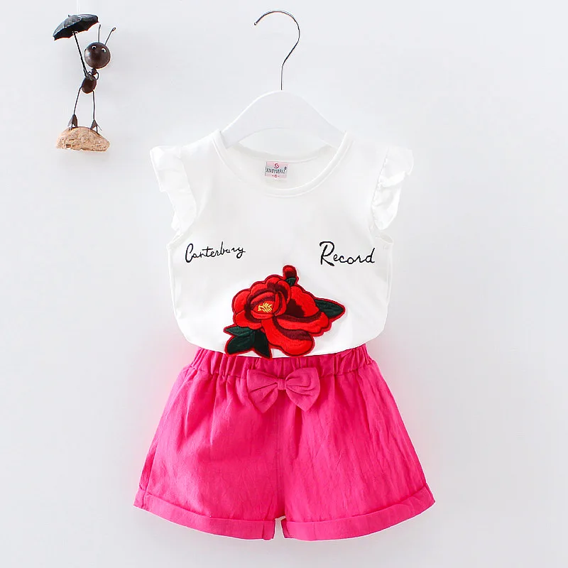 

2019 Summer Infant Clothing Sets Baby Girls Clothes Suits Rose T Shirt Shorts Kids Children Costume