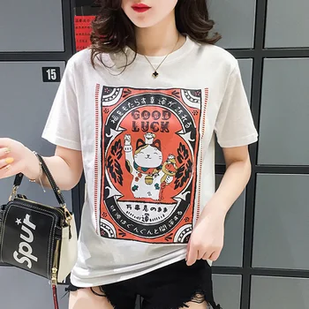

lucky Cat T Shirt Women Casual Funny Cartoon Printed Tshirt Harajuku Kawaii Fashion T-shirts Summer Short Sleeve Top Tees Female