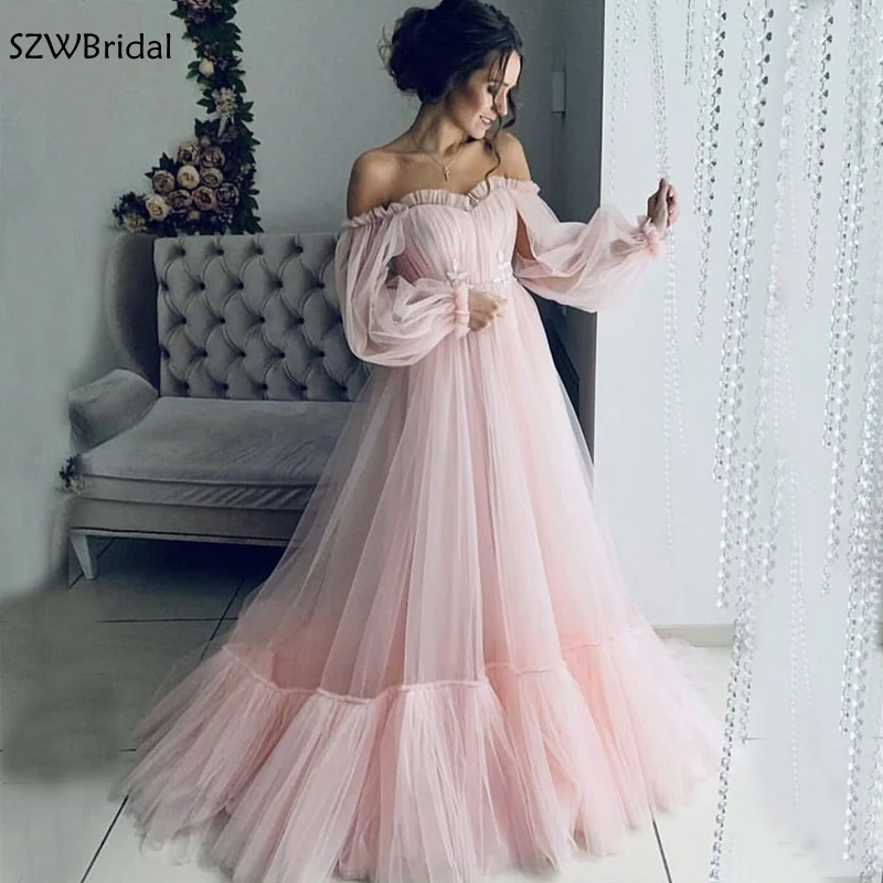 

New Arrival Pink Tulle Evening Dress abendkleider 2019 Long Sleeves Formal dress Long Maternity Evening Gown for Pregnant Woman