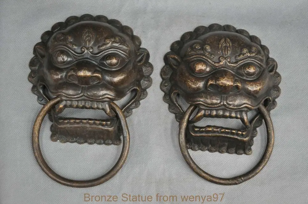 

SS 6" China Fengshui Bronze Foo Dog Lion Door Holder Gate Knockers One Pair