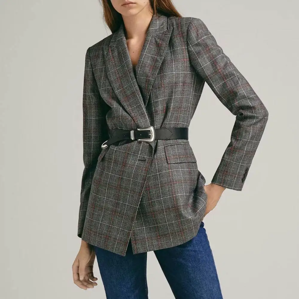 

Spring 2019 New Euro-American Style Slimming Coat Suit Women Jacket Women Coat Button Notched Double Breasted Plaid